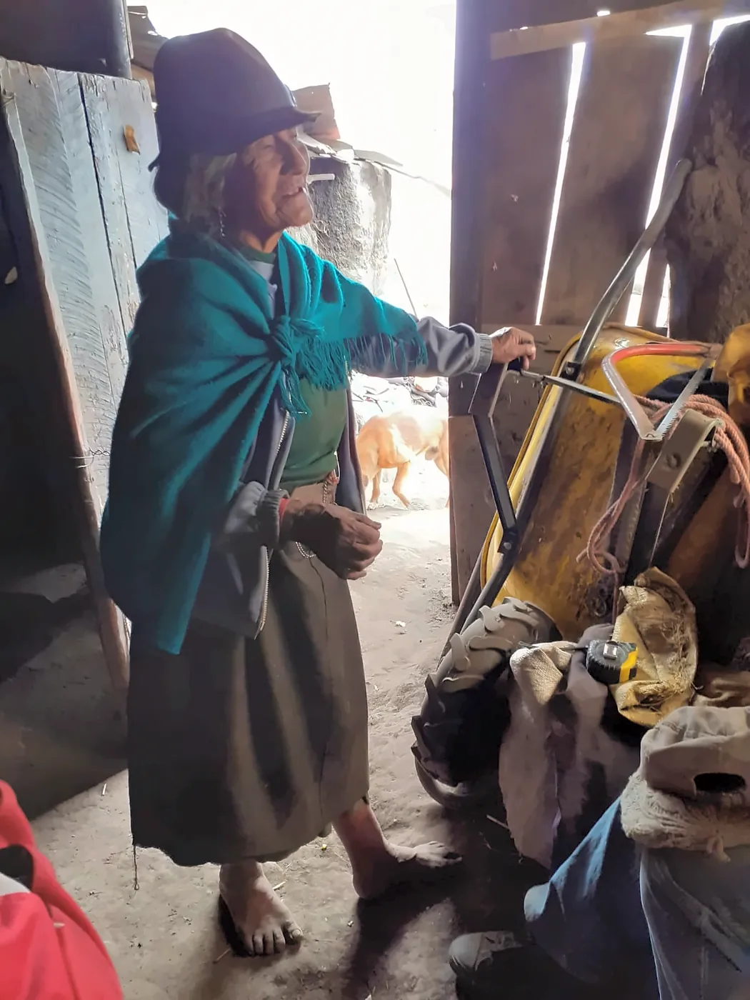 Un'anziana con cappello e scialle verde sorride sulla porta della sua casa