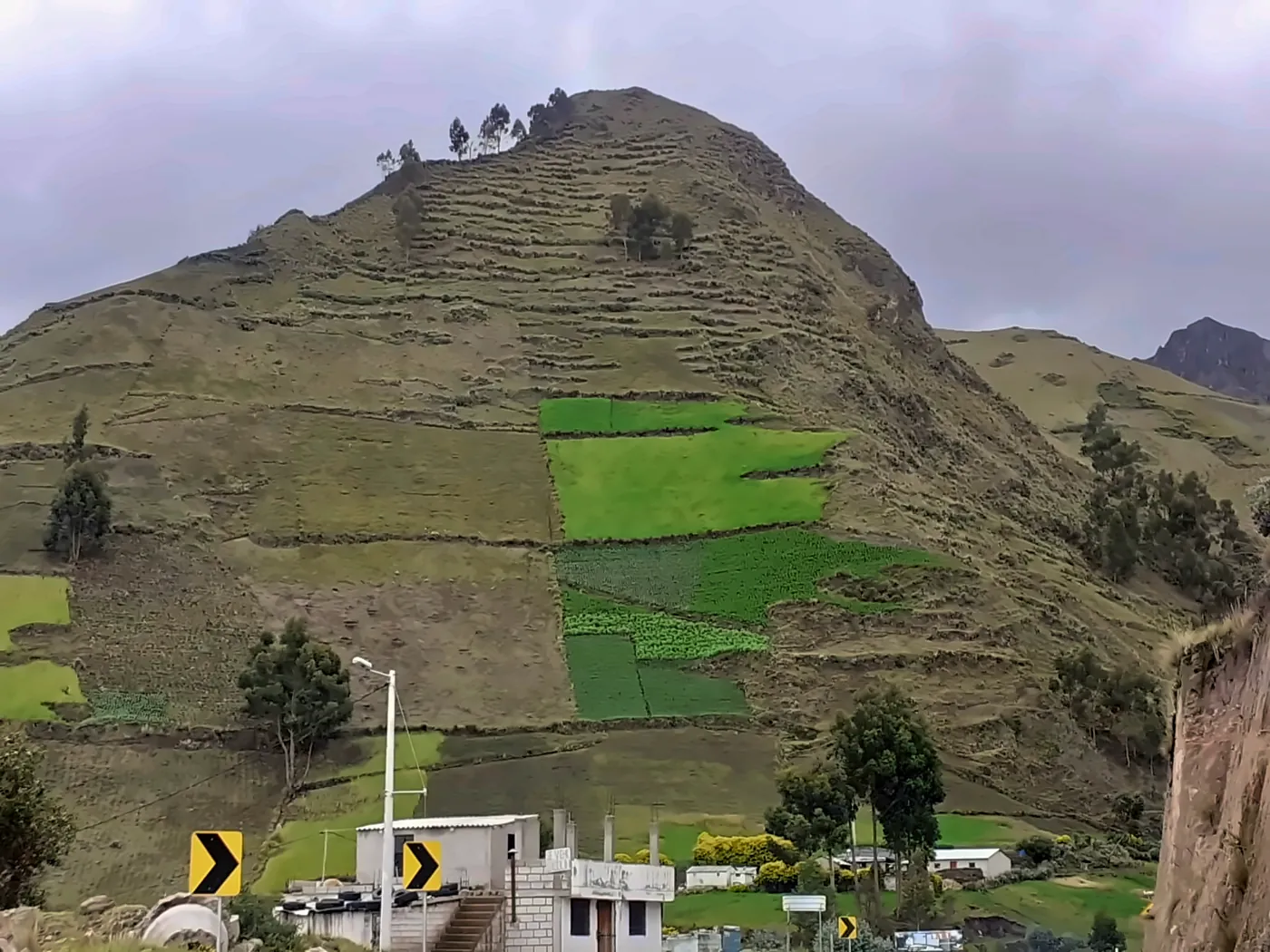 Montagna coperta di campi terrazzati sopra un villaggio