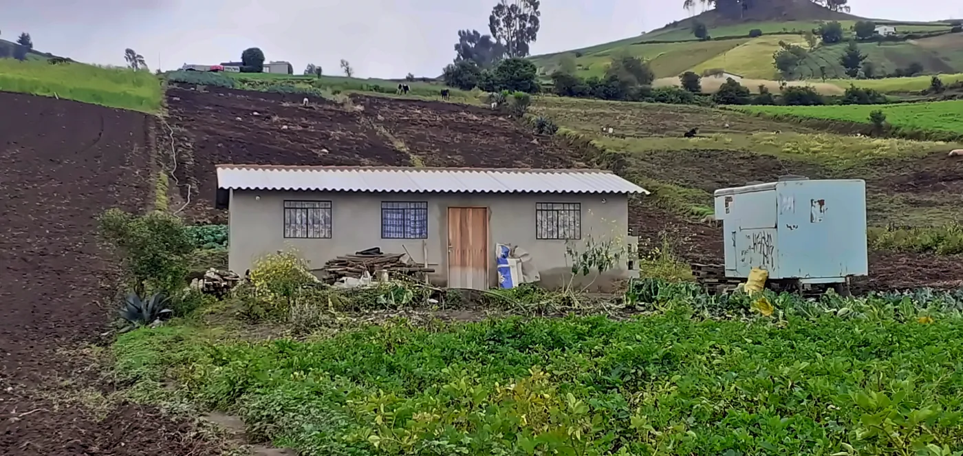 Casa intonacata con tre finestre e porta in legno, tra i campi coltivati