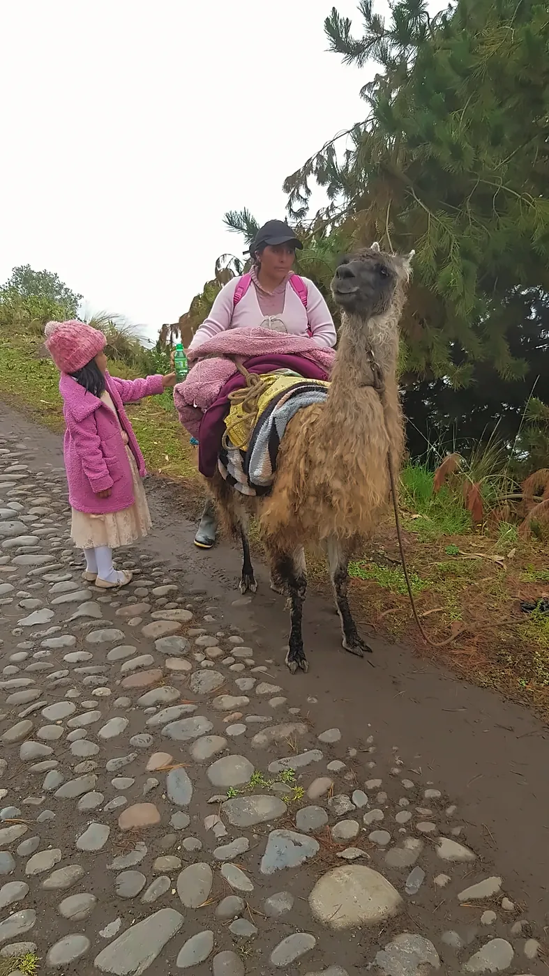 Una bambina e una donna accanto a un lama carico di coperte, su una strada di ciottoli